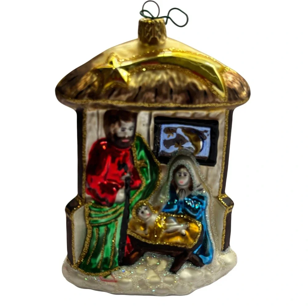 Hand Crafted Poland Glass Nativity Scene‎ Christmas Ornament Holy Family Stable